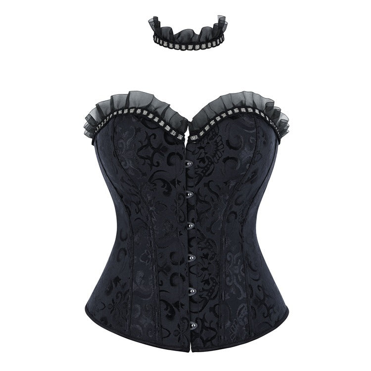Black Ruffle Trim Lace-Up Corset Top