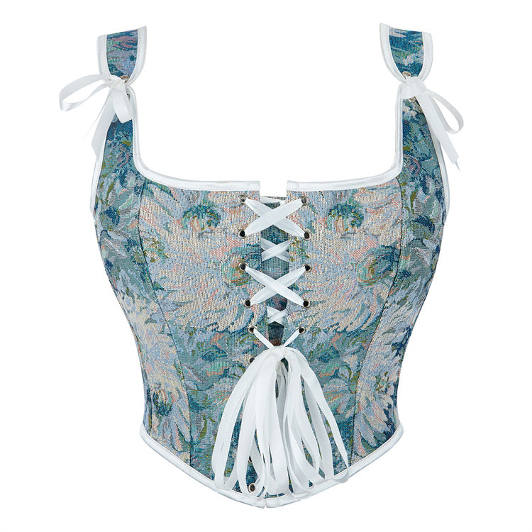 Blue Floral Lace-Up Corset Top