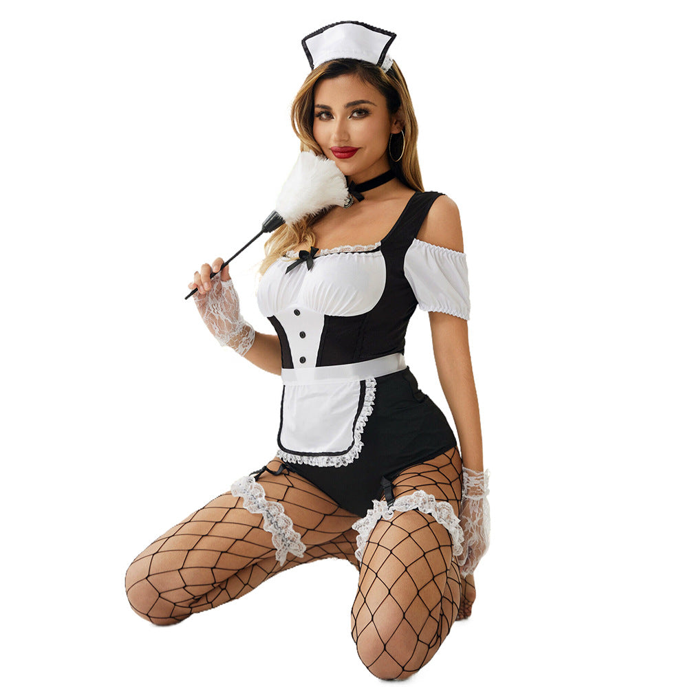 Black Maid Costume Lingerie Set With Top and Headband and Choker - Front View