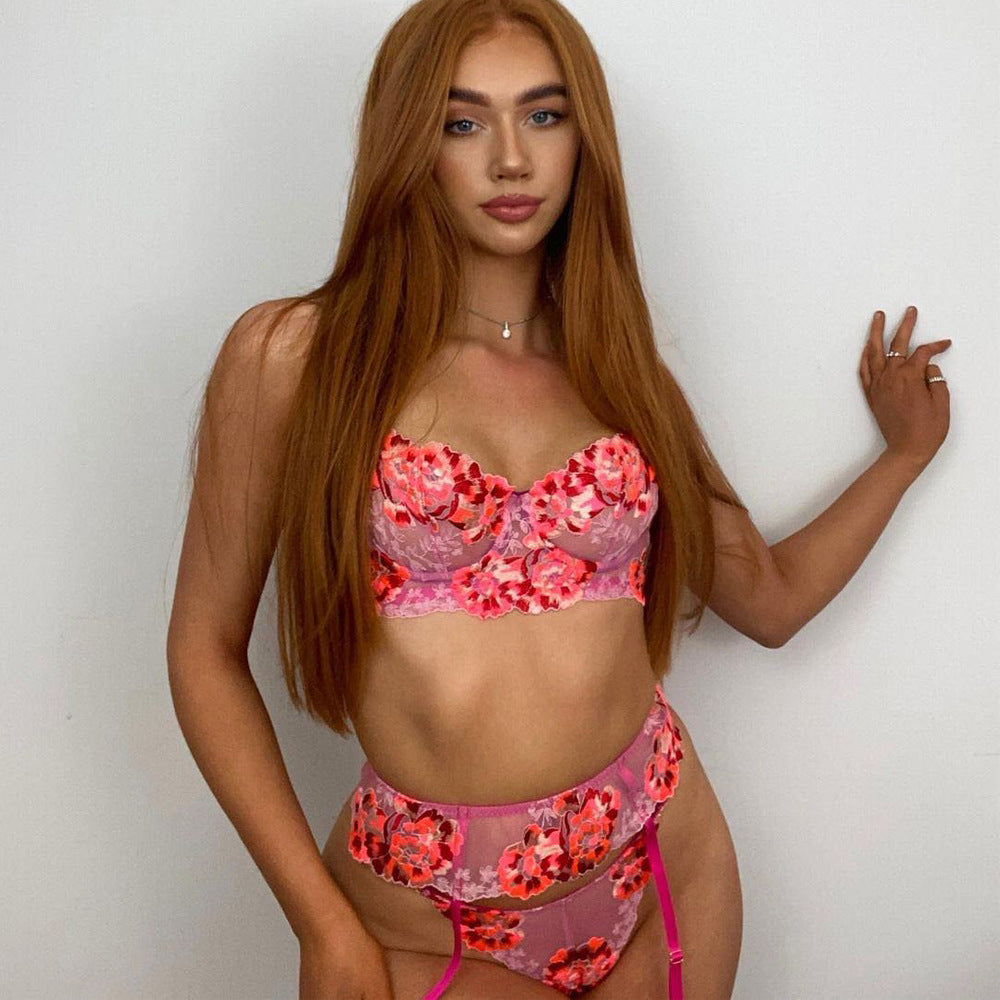 Floral Embroidered Bow Detail Three-Piece Lingerie Set - Detail View