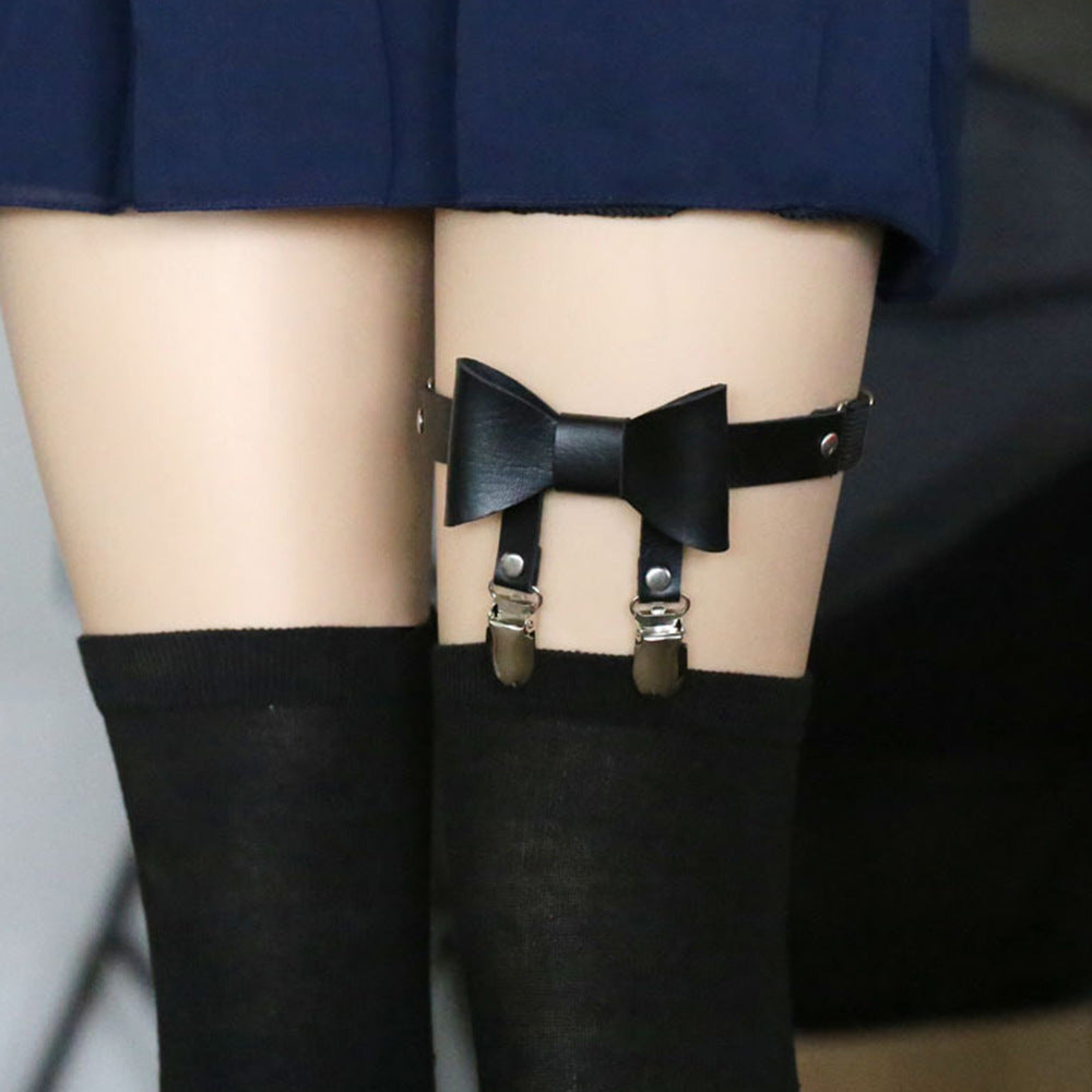 Factory direct sales punk rock sexy patent leather bow garter nightclub dark female anti-socks sex leg ring