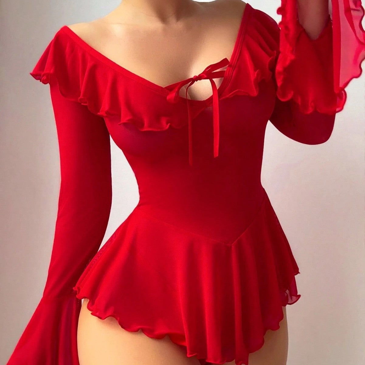 Red Ruffle Long-Sleeve Chemise Nightdress