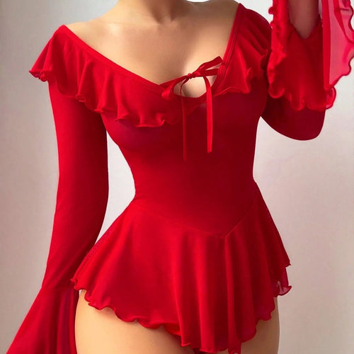 Red Ruffle Long-Sleeve Chemise Nightdress