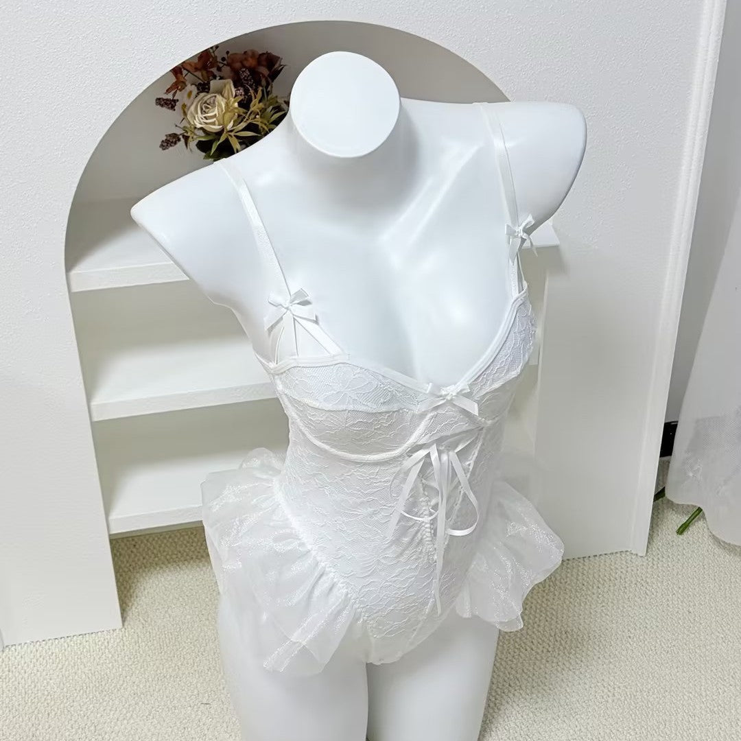 White Lace-Up Lingerie Romper, alternate view 4