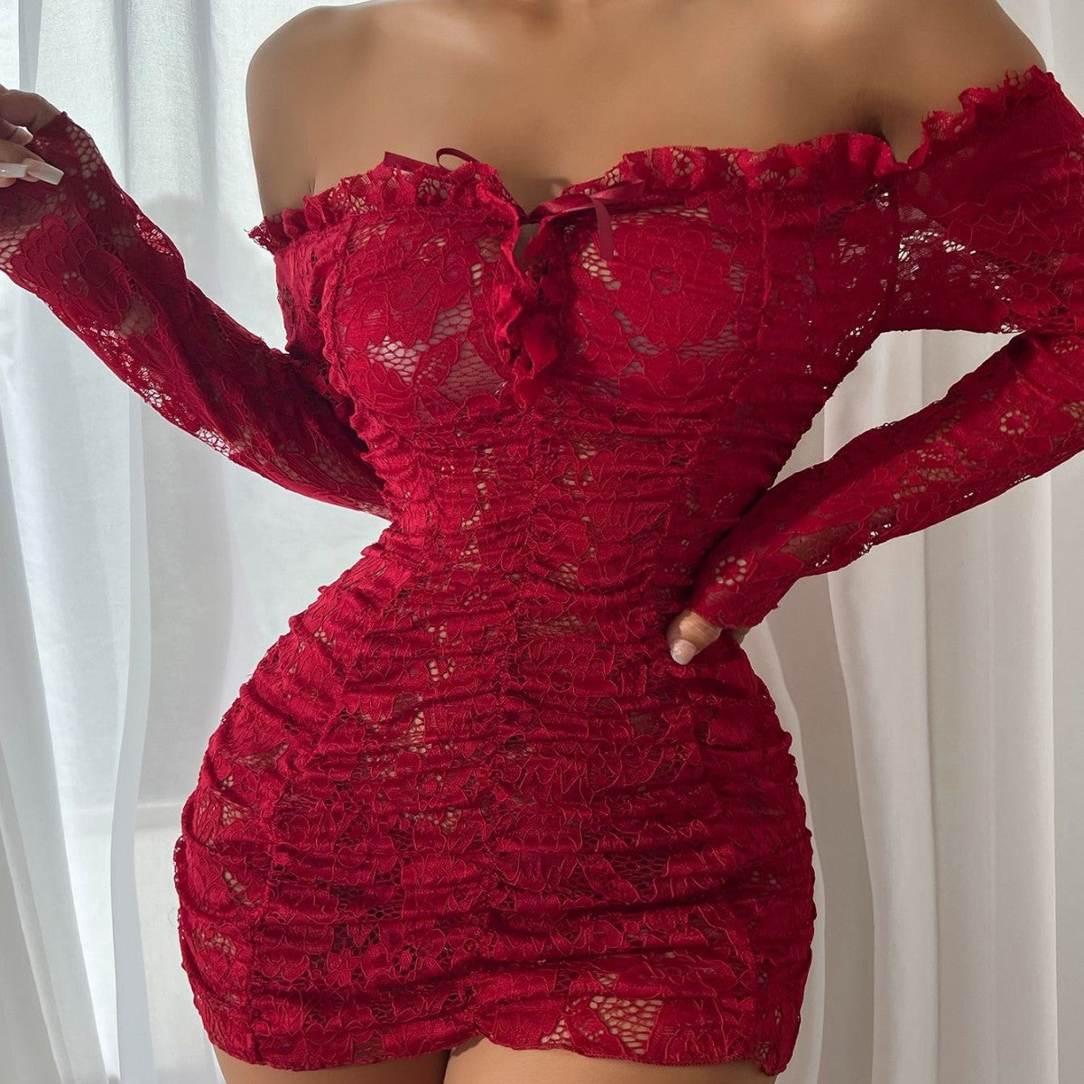 Burgundy Lace Off-Shoulder Sleep Dress