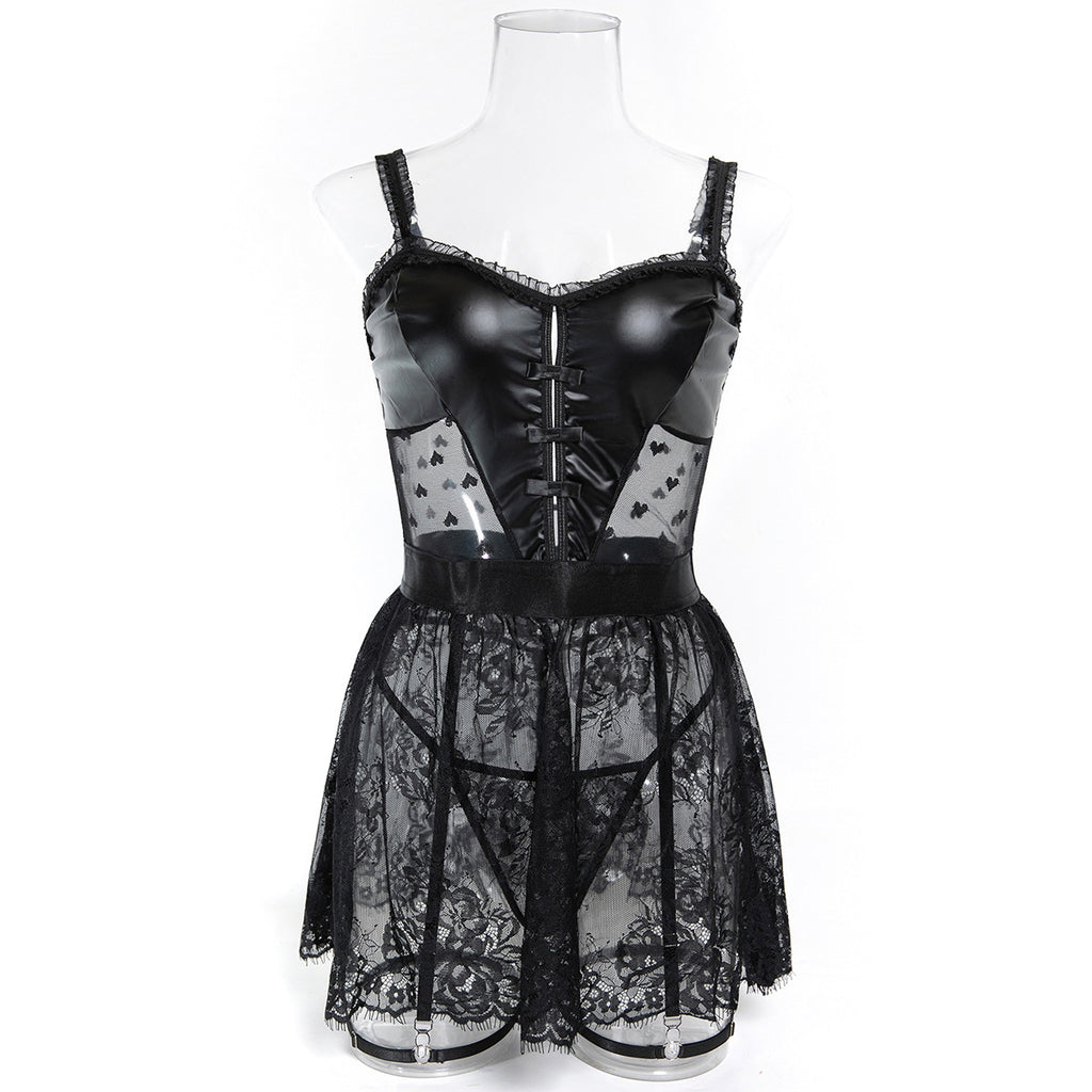 Black faux leather-look lace bustier lingerie set with garter styling - alternate view