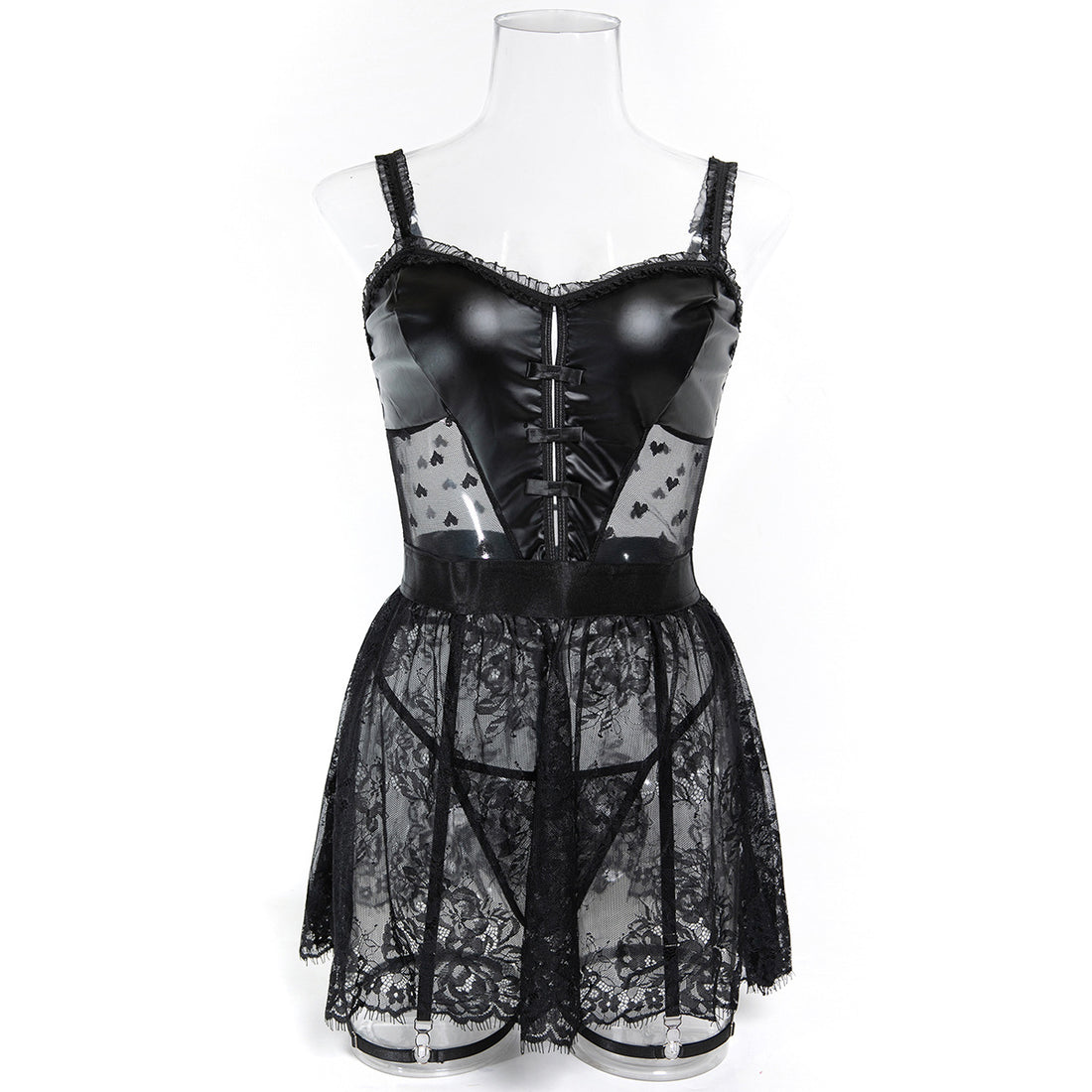 Black faux leather-look lace bustier lingerie set with garter styling - alternate view