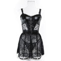 Black faux leather-look lace bustier lingerie set with garter styling - alternate view