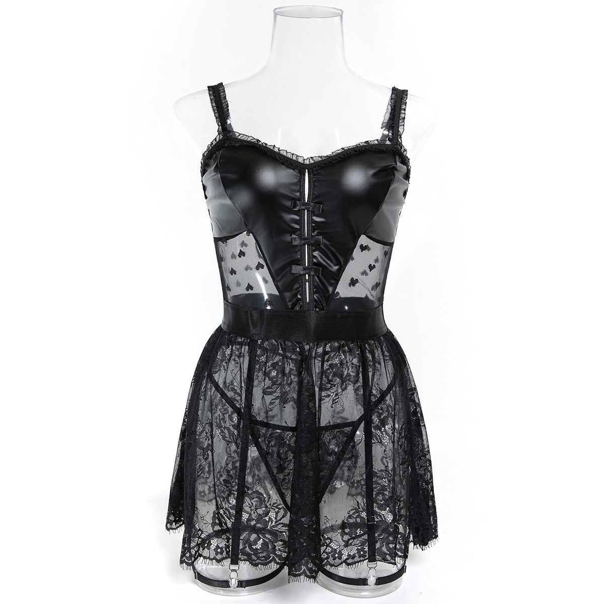 Black faux leather-look lace bustier lingerie set with garter styling - alternate view