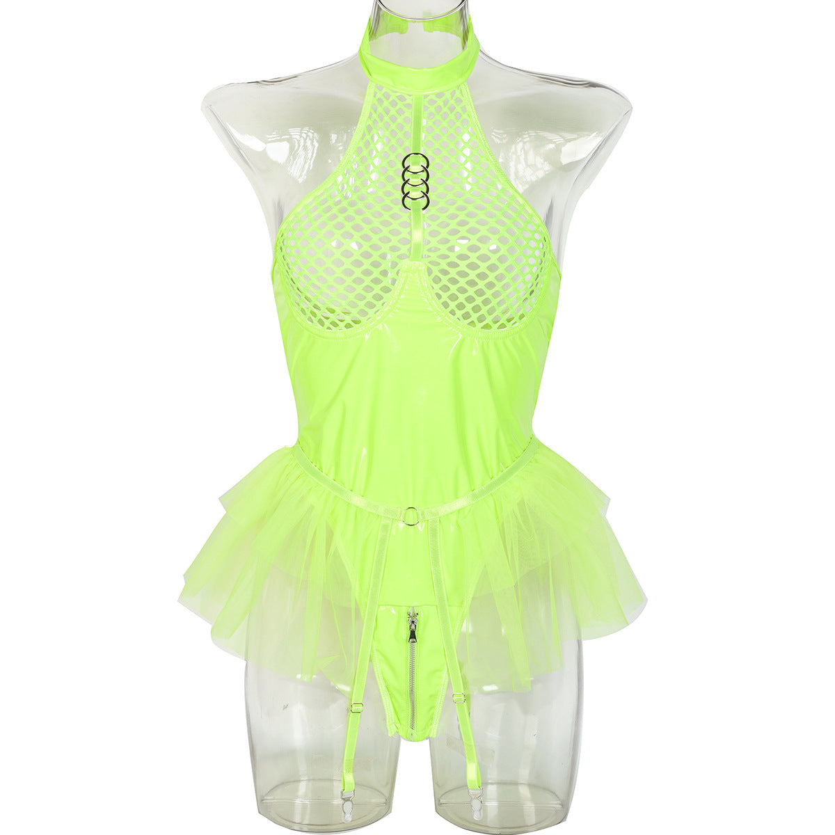 Neon Green Sheer Mesh Teddy Bodysuit - Alternate View