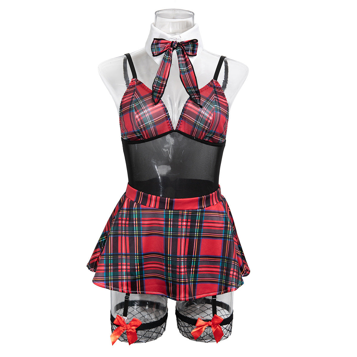 Red Plaid Bow Detail Teddy Bodysuit - Styled View