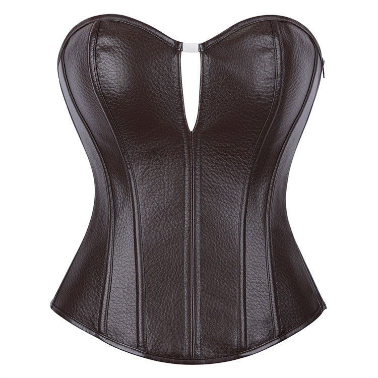 Brown Leather-Look Strapless Corset Top