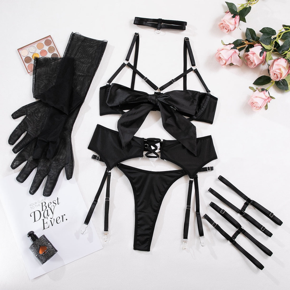 Burgundy Bow Garter Lingerie Set, alternate view 4