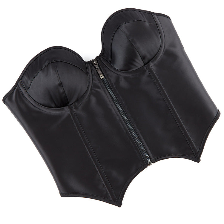 Black Leather-Look Zip-Front Corset Top, alternate view 5