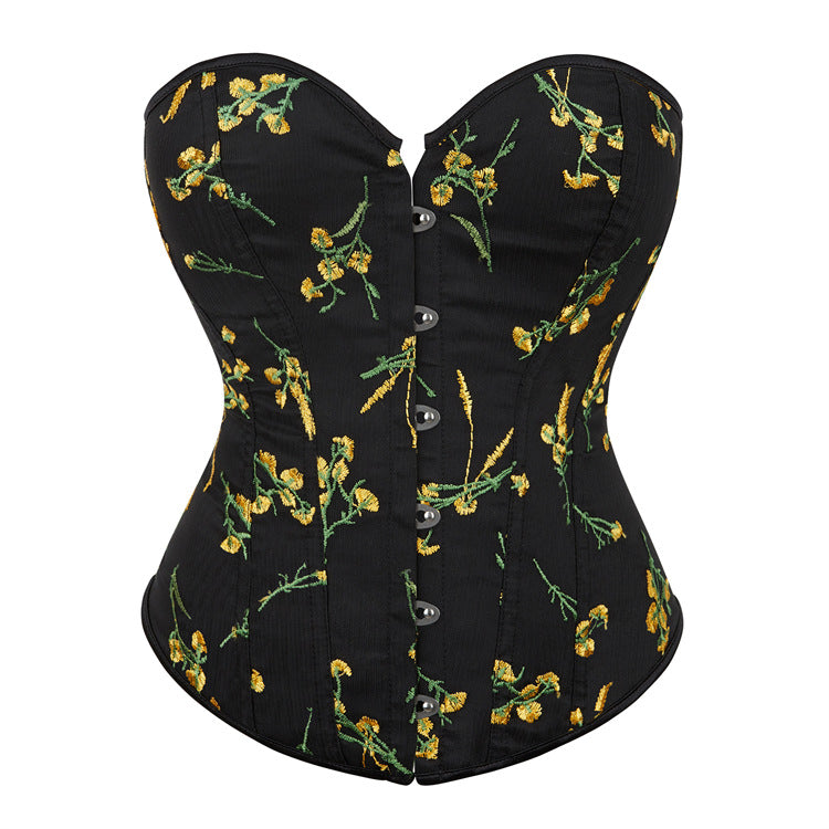 Black Yellow Floral Strapless Corset Top