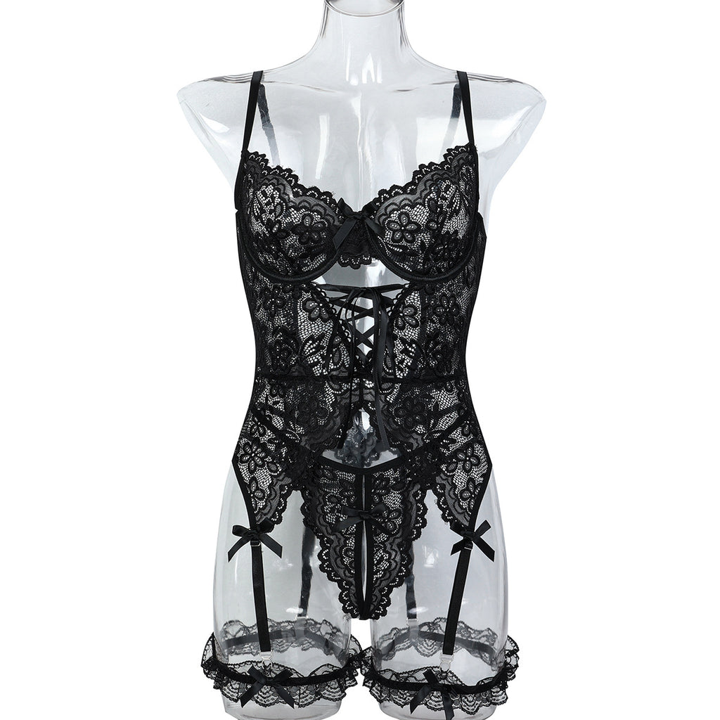 Black Strappy Three-Piece Lingerie Set With Bra and Belt - Alternate View