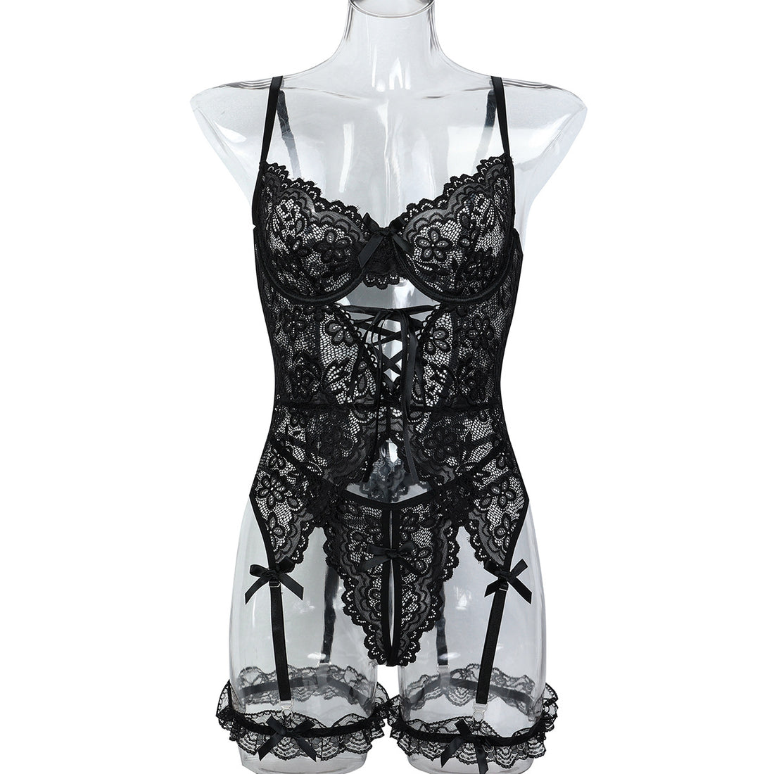 Black Strappy Three-Piece Lingerie Set With Bra and Belt - Alternate View