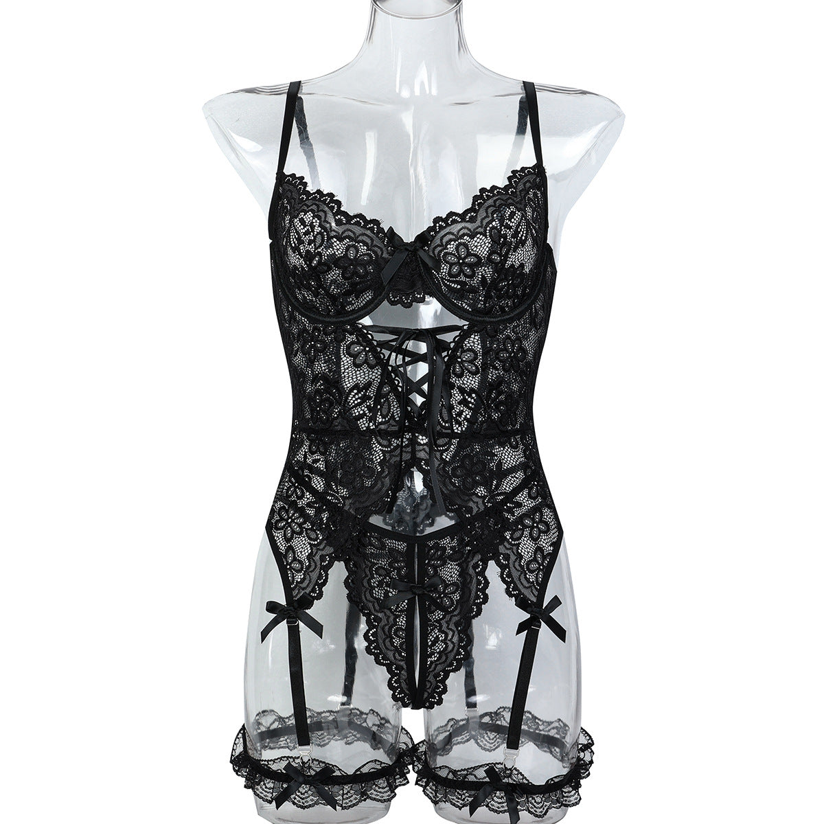 Black Strappy Three-Piece Lingerie Set With Bra and Belt - Alternate View