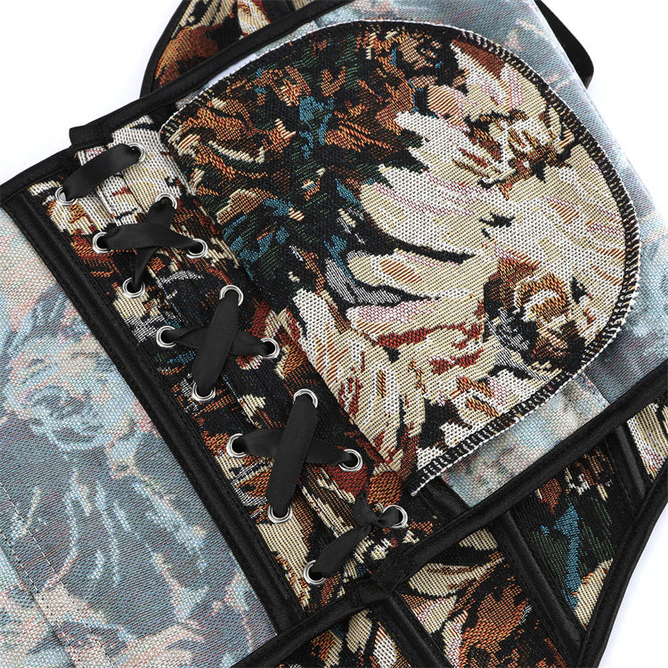 Black Floral Tapestry Lace-Trim Corset Top, alternate view 4