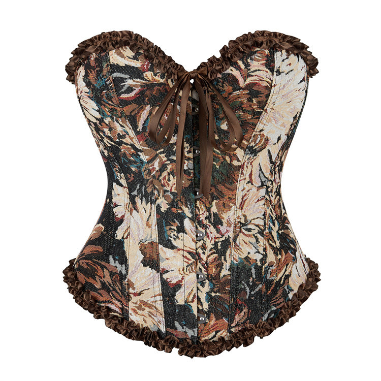 Black Floral Ruffle Lace-Up Corset Top
