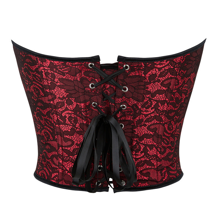 Burgundy Floral Lace Strapless Corset Top, alternate view 3