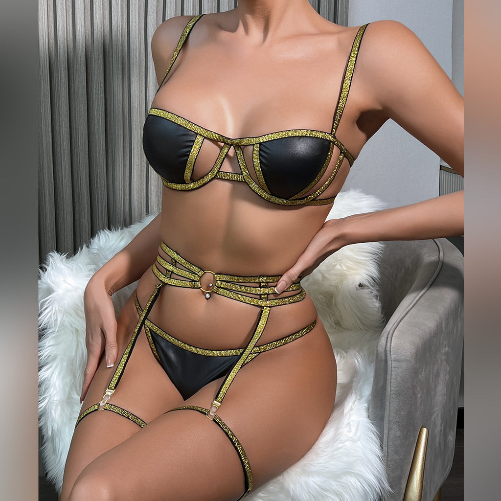 Silver Faux Leather Lingerie Set - Front View
