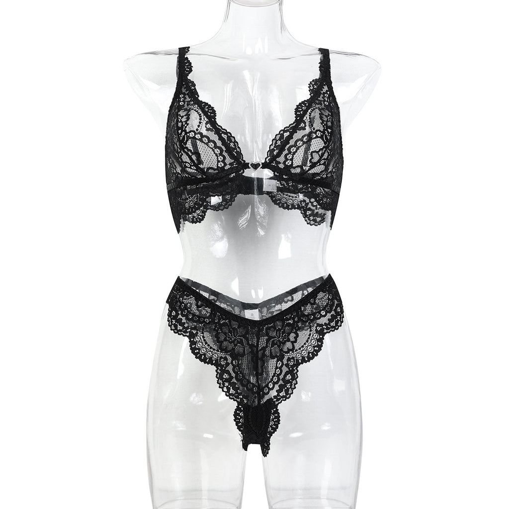 Black scalloped lace-look bra and thong lingerie set - alternate view