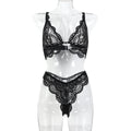 Black scalloped lace-look bra and thong lingerie set - alternate view
