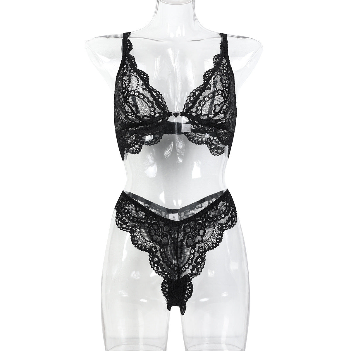 Black scalloped lace-look bra and thong lingerie set - alternate view