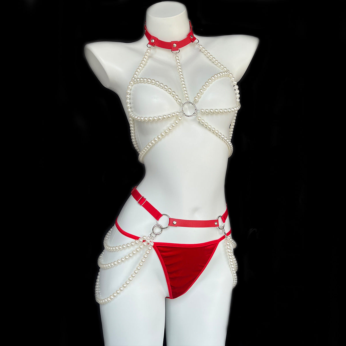 Pearl chain harness lingerie set with strappy body detail - detail view