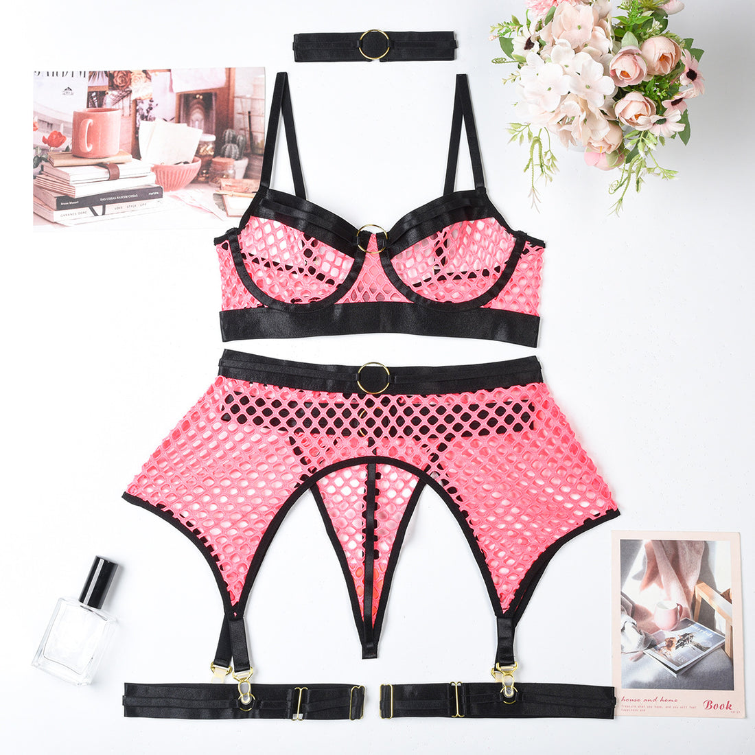 Neon Green Lace Four-Piece Lingerie Set - Alternate View