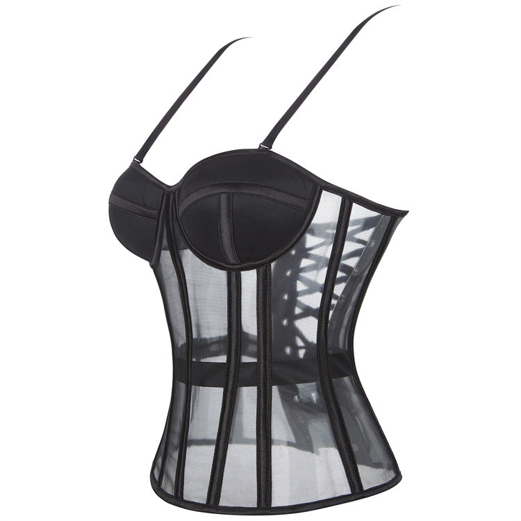 Black Sheer Panel Lace-Up Corset Top, alternate view 2