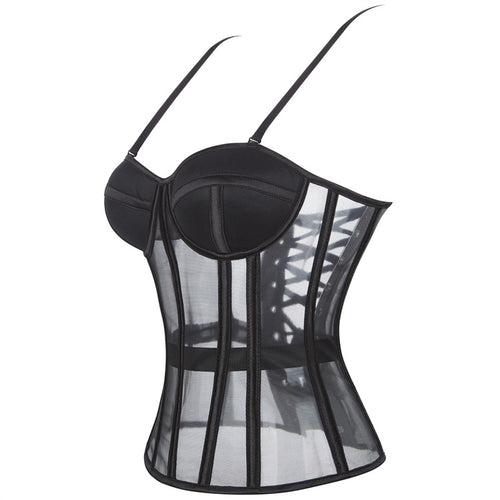 Black Sheer Panel Lace-Up Corset Top, alternate view 2