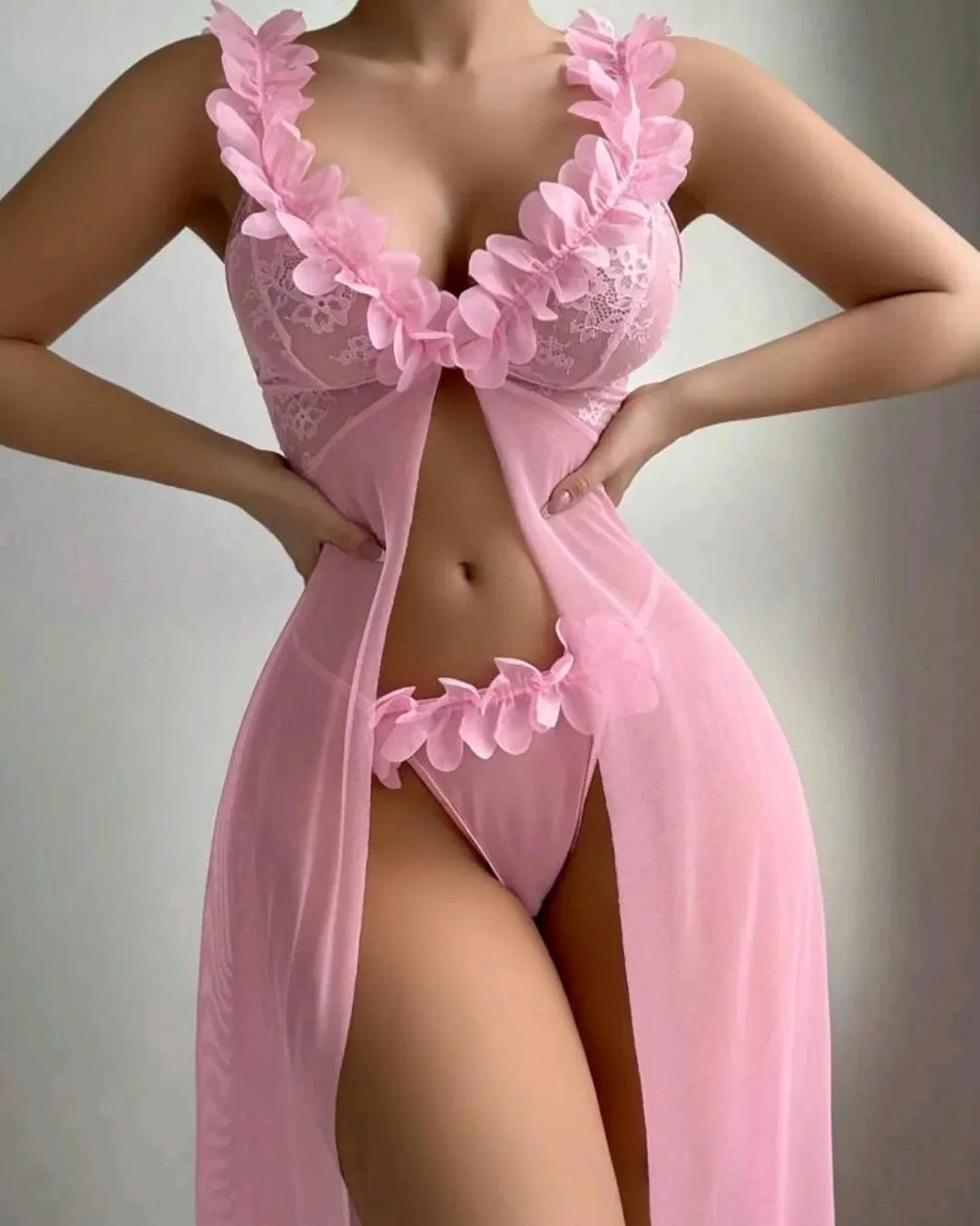 Pink Ruffle Sheer Lingerie Set, alternate view 6