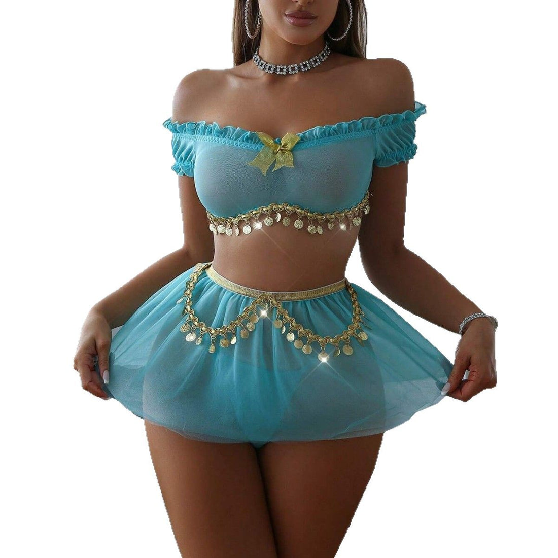 Blue Chain Detail Skirt Lingerie Set, alternate view 5