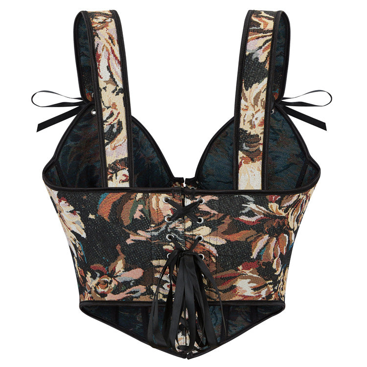 Black Floral Lace-Up Shoulder Corset Top, alternate view 3