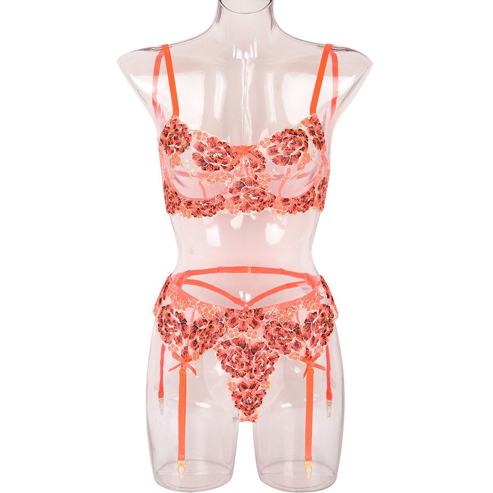 Floral Embroidered Bow Detail Three-Piece Lingerie Set - Styled View