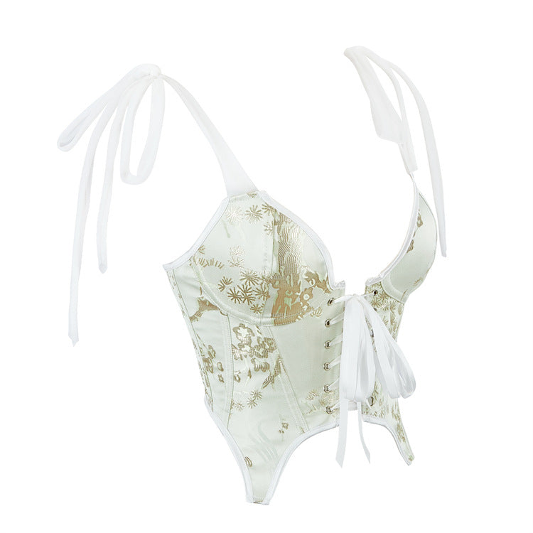 White Floral Tie-Front Corset Top, alternate view 2