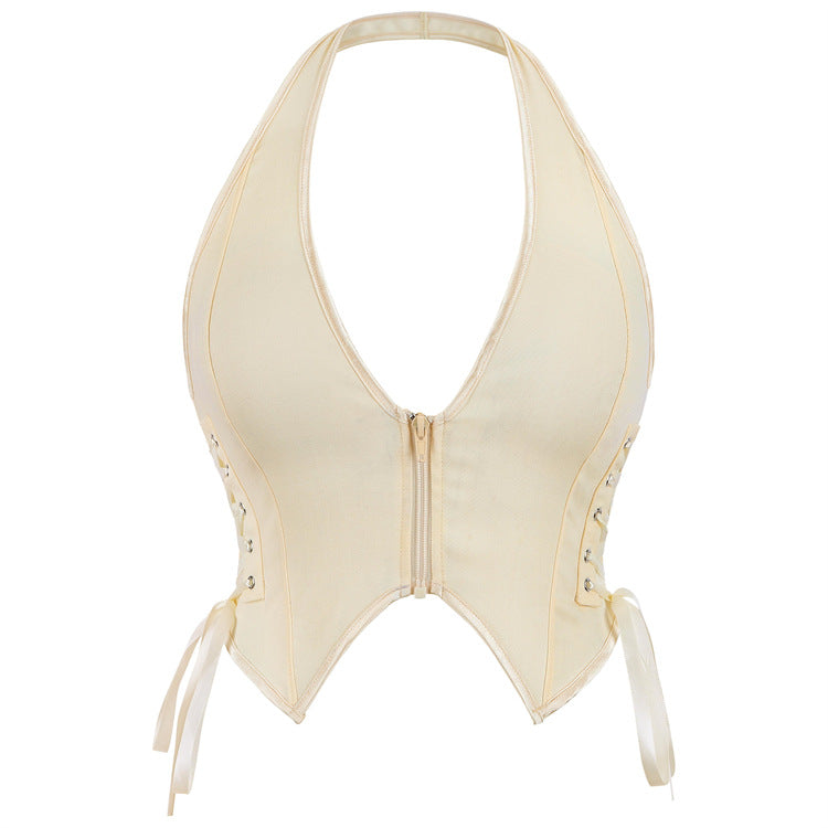Cream Front-Zip Halter Corset Top
