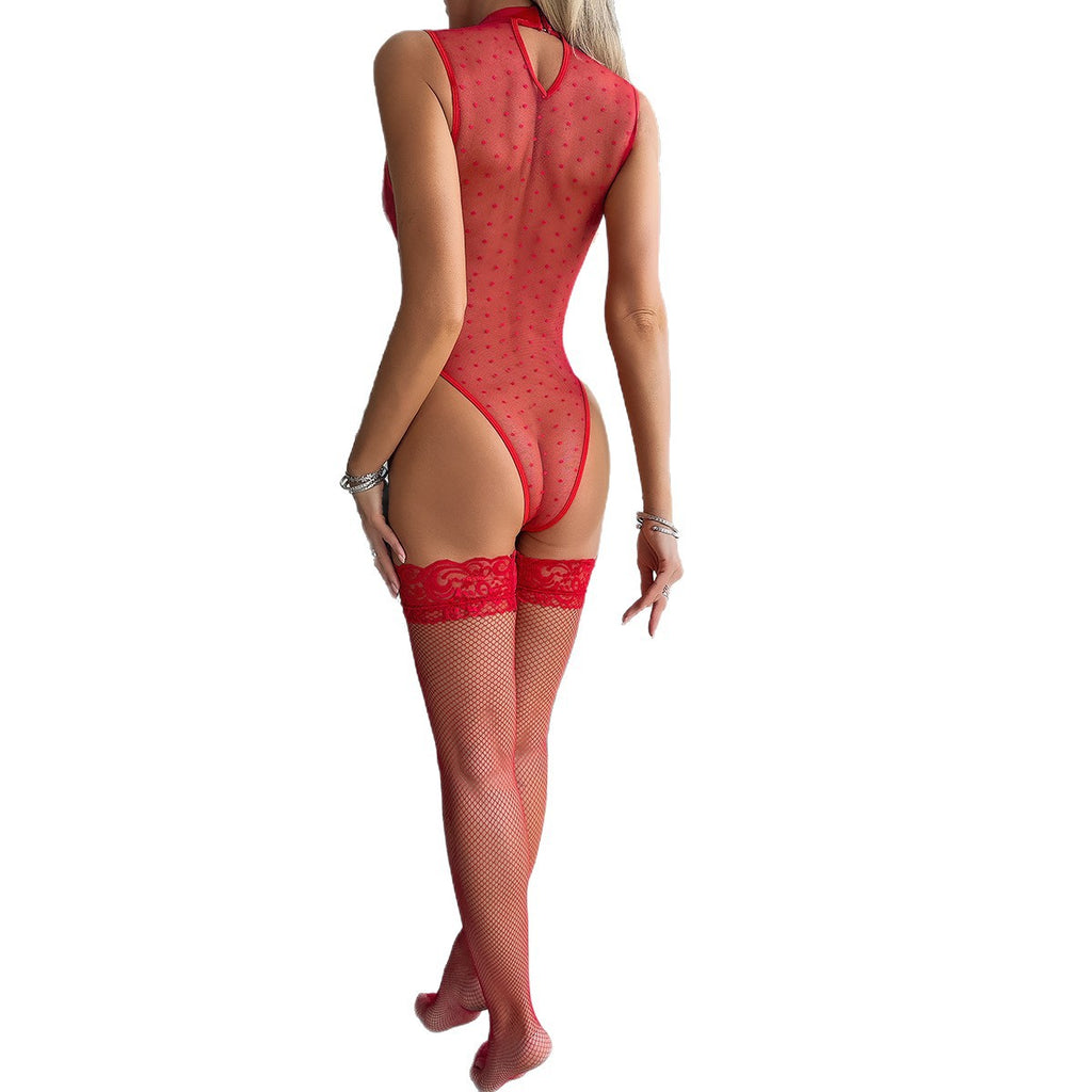 Faux Leather Polka Dot Mesh Teddy Bodysuit - Styled View