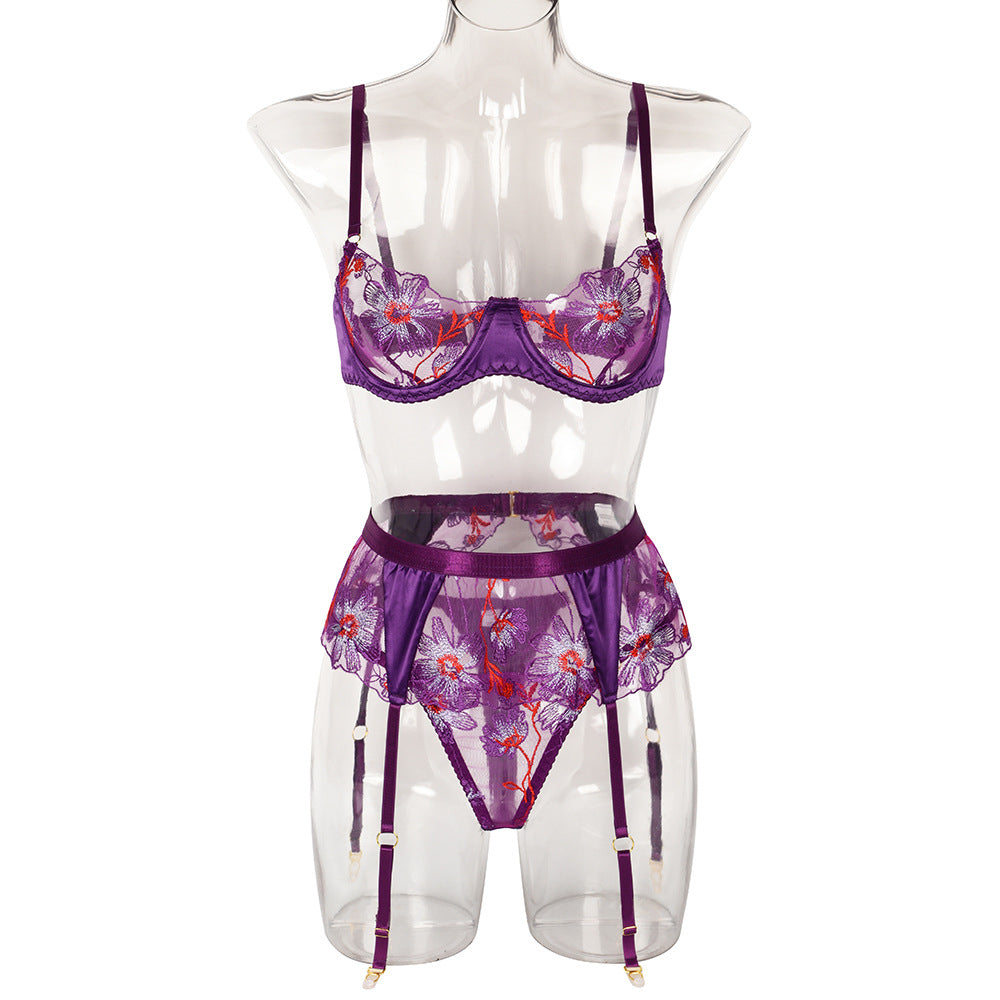 Boutique Floral Embroidered Mesh Three-Piece Lingerie Set - Styled View