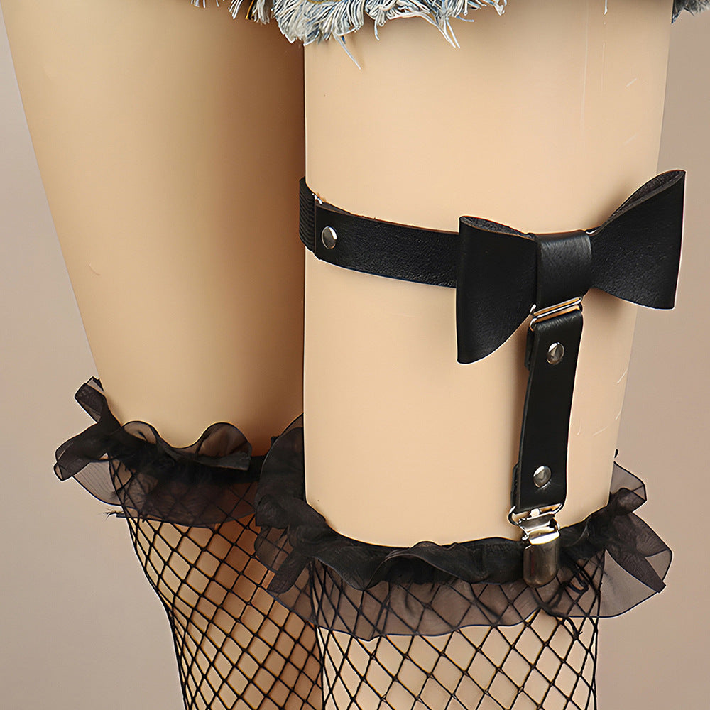 Factory direct sales punk rock sexy patent leather bow garter nightclub dark female anti-socks sex leg ring