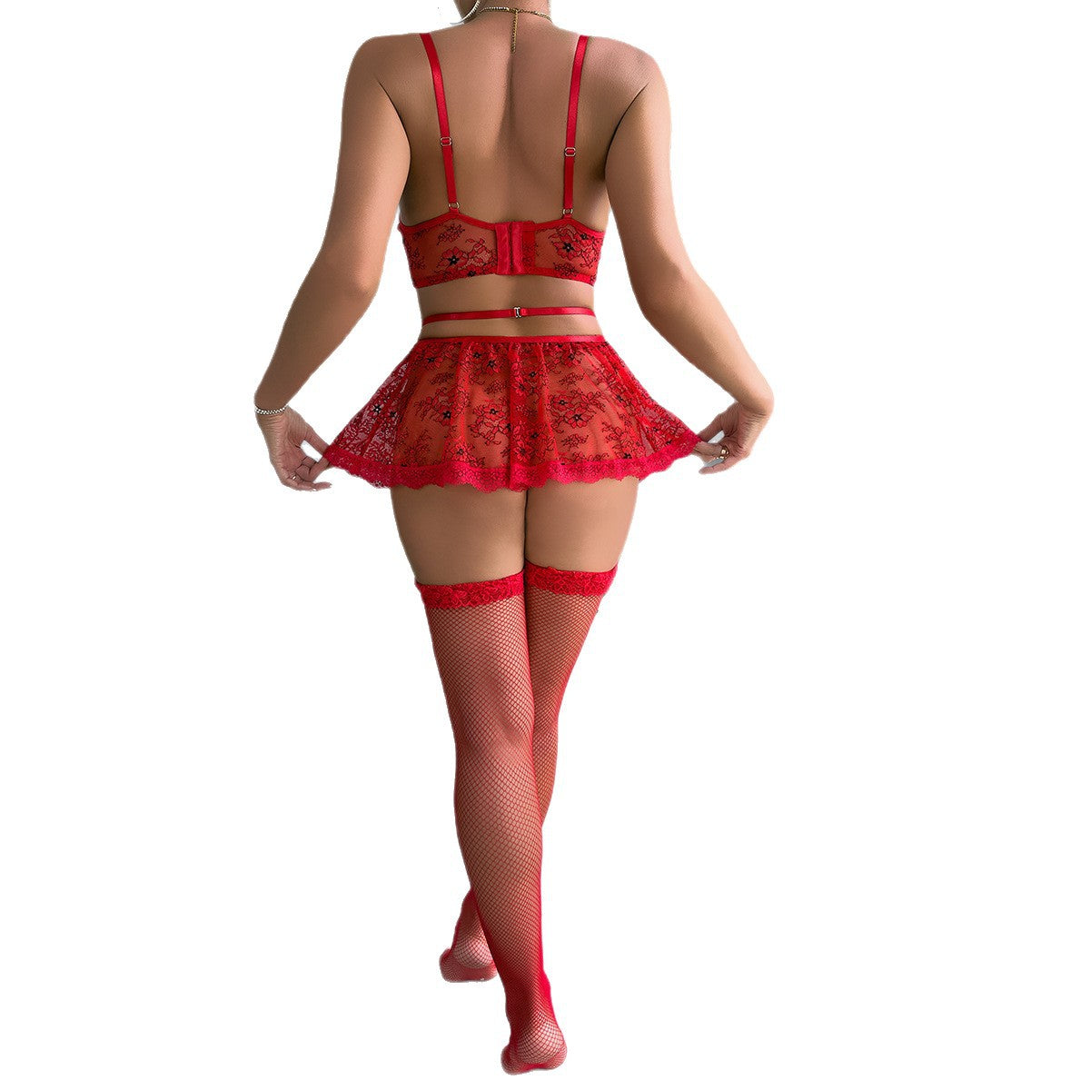 Black Red Lace Four-Piece Lingerie Set - Alternate View
