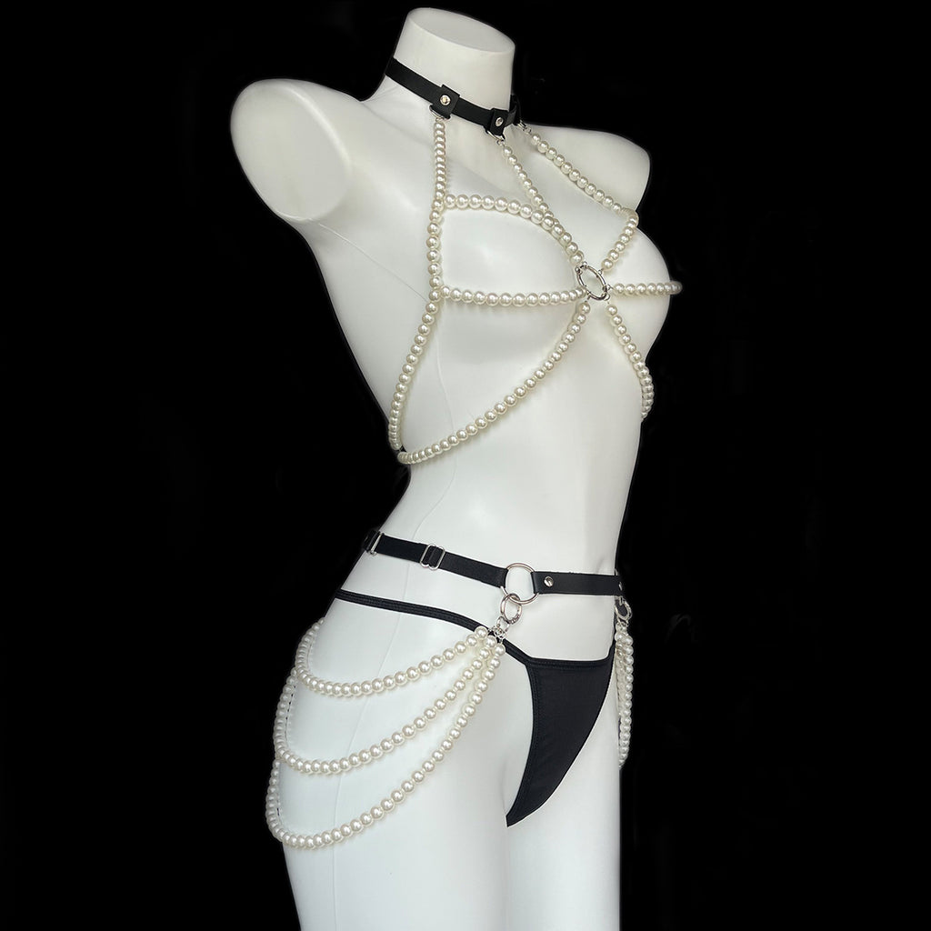 Pearl chain harness lingerie set with strappy body detail - back view