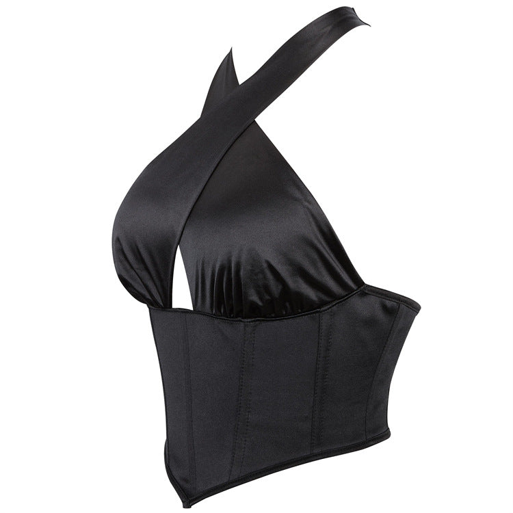 Black Satin-Look Cross-Neck Corset Top, alternate view 2