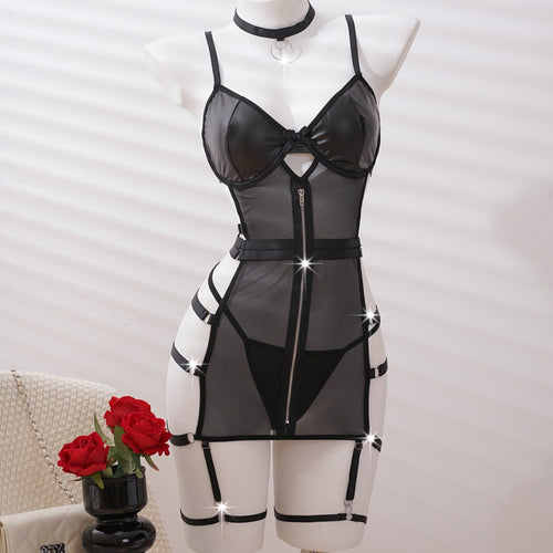 Black Sheer Harness Garter Lingerie Set