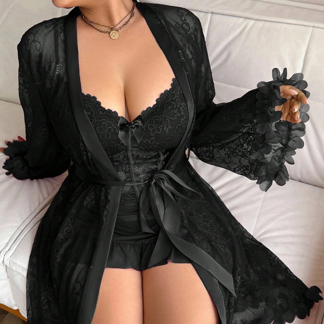 Black Lace Robe Lingerie Set, alternate view 3