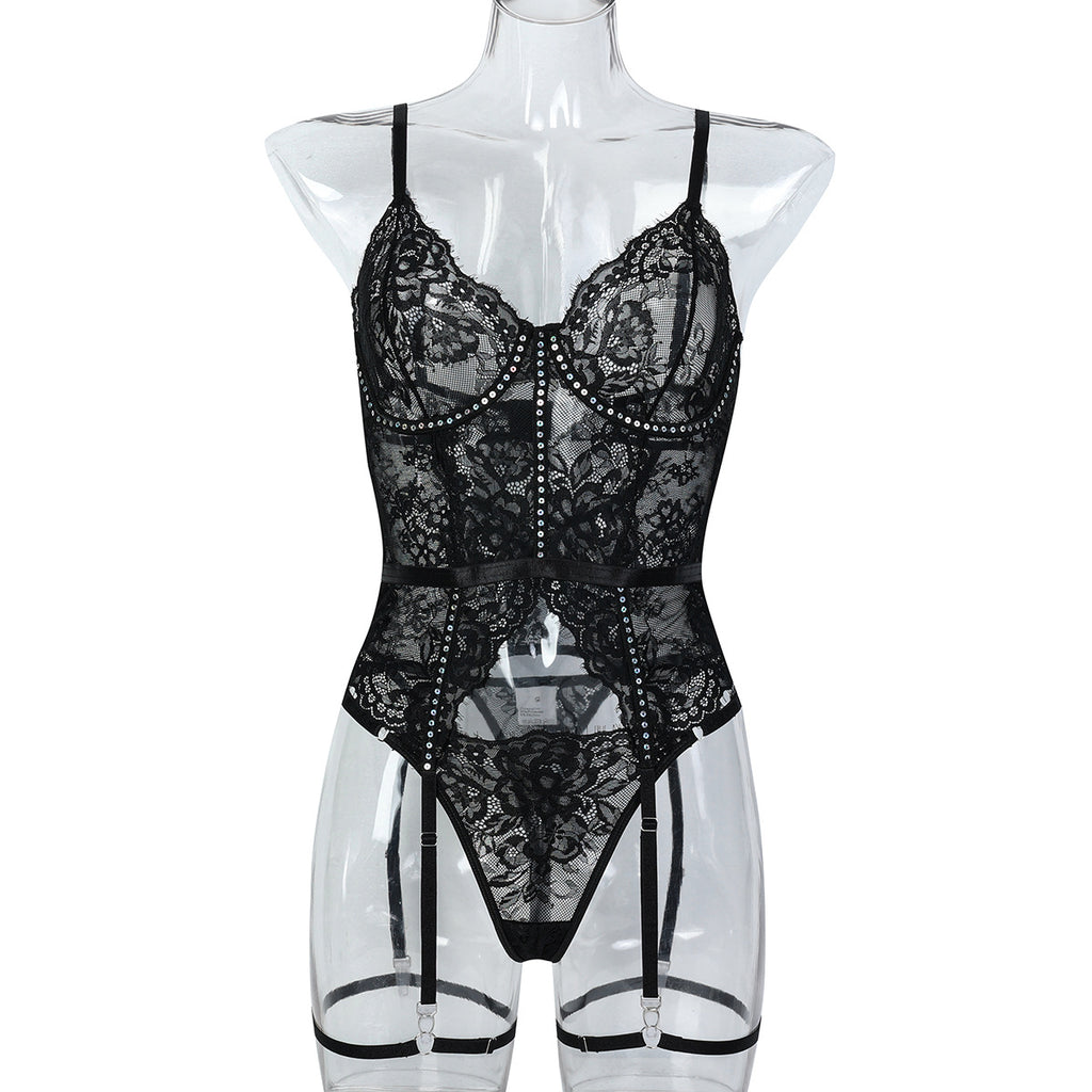 Strappy Black Lace Two-Piece Lingerie Set - Alternate View