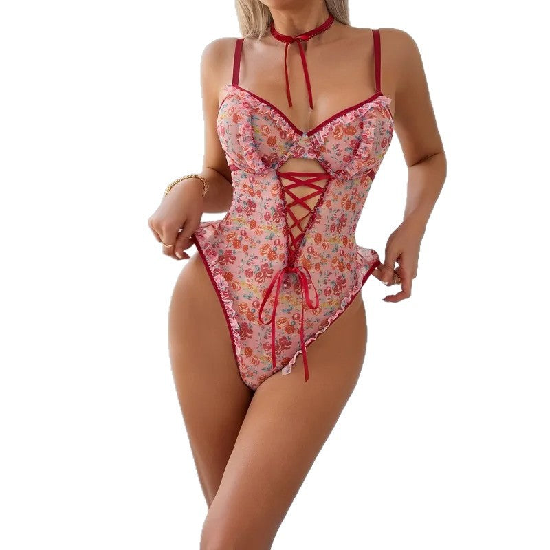 Pink Floral Lace-Up Bodysuit, alternate view 5