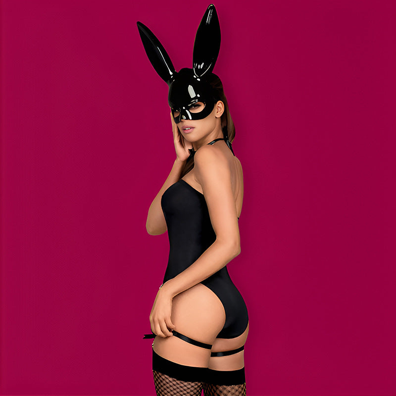 Black Bunny Costume Lingerie Set With Headband and Choker and Stockings - Detail View